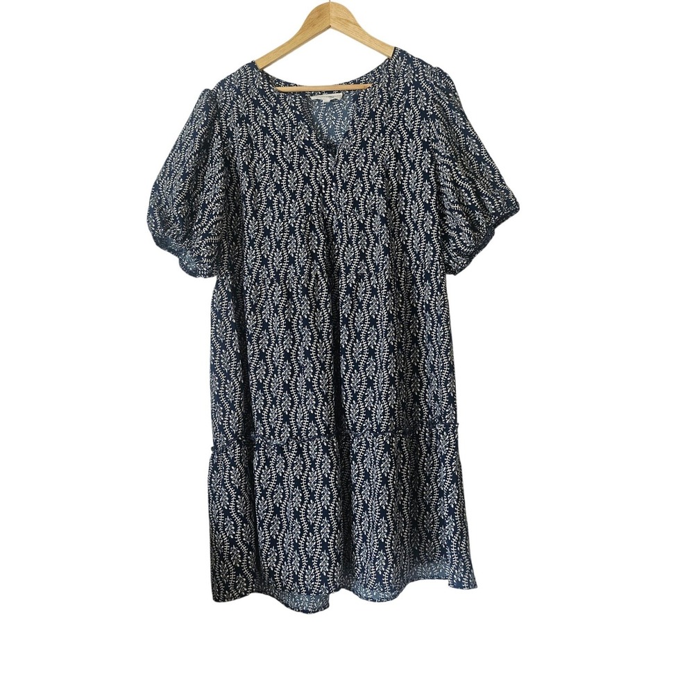 Lucky Brand Blue Botanical Print‎ Tiered Puff Sleeve Mini Dress Plus Size 2X